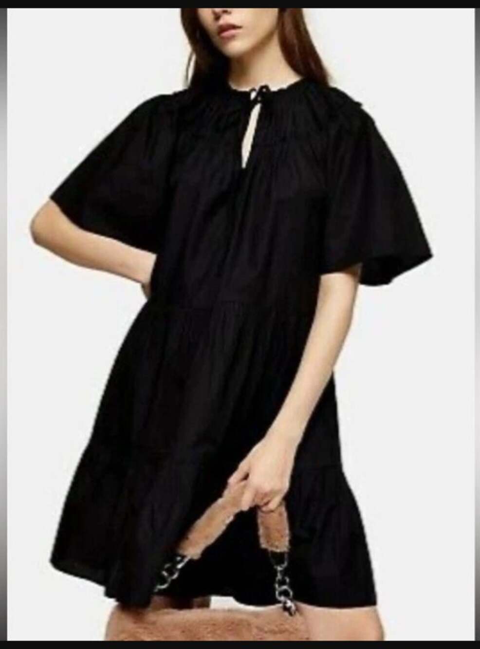 Topshop Women Smocked Poplin Babydoll Mini Dress Tiered Ruffles Black size US 4